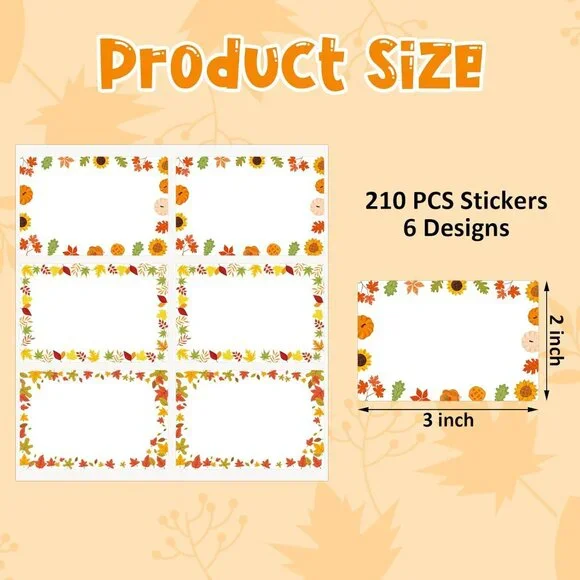 210 Pcs Fall Name Tag Stickers -3''x 2'' Self Adhesive Pumpkin Maple Leaves Name - Picture 3 of 7